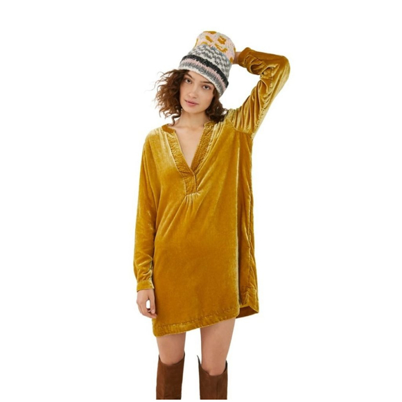 Women's Anthropologie Mustard Velvet Long Sleeve Dress XS (Oversized) - Picture 4 of 11